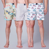 Men's Multicolor, 100% Cotton, printed, Regular Fit, Inner Elastic, Mid-Rise, Boxers- Pack of 3