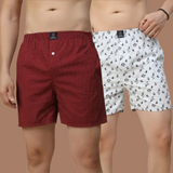 Men's Multicolor, 100% Cotton, printed, Regular Fit, Inner Elastic, Mid-Rise, Boxers- Pack of 2