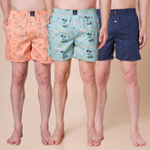 Men's Multicolor, 100% Cotton, printed, Regular Fit, Inner Elastic, Mid-Rise, Boxers- Pack of 3