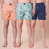 Men's Multicolor, 100% Cotton, printed, Regular Fit, Inner Elastic, Mid-Rise, Boxers- Pack of 3