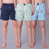 Men's Multicolor, 100% Cotton, printed, Regular Fit, Inner Elastic, Mid-Rise, Boxers- Pack of 3