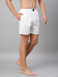 Men's White, 100% Cotton, Printed, Regular Fit, Inner Elastic, Mid-Rise, Boxers