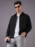 Men Solid Textured Jacquard Weave Oversized Cotton Shacket