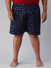 Men's Blue, 100% Cotton, Printeded, Regular Fit, Inner Elastic, Mid-Rise, Plus Size Boxers