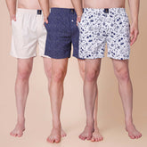 Men's Multicolor, 100% Cotton, printed, Regular Fit, Inner Elastic, Mid-Rise, Boxers- Pack of 3