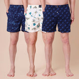 Men's Multicolor, 100% Cotton, printed, Regular Fit, Inner Elastic, Mid-Rise, Boxers- Pack of 3
