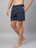 Men's Navy, 100% Cotton, Printed, Regular Fit, Inner Elastic, Mid-Rise, Boxers