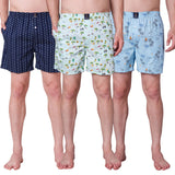 Men's Multicolor, 100% Cotton, printed, Regular Fit, Inner Elastic, Mid-Rise, Boxers- Pack of 3