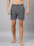 Men's White & Black, 100% Cotton, Printed, Regular Fit, Inner Elastic, Mid-Rise, Boxers