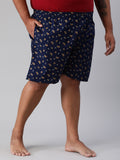 Men's Blue, 100% Cotton, Printeded, Regular Fit, Inner Elastic, Mid-Rise, Plus Size Boxers
