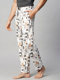 Men's Printed, White, Cotton, Regular Fit, Elasticated, Waistband, Pyjama With Side Pockets