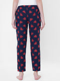 Women's Printed, Navy, Viscose, Regular Fit, Elasticated, Waistband, Pyjama With Side Pockets