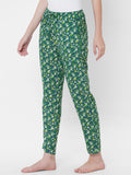 Women's Floral Print, Green, Viscose, Regular Fit, Elasticated, Waistband, Pyjama With Side Pockets