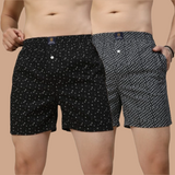 Men's Multicolor, 100% Cotton, printed, Regular Fit, Inner Elastic, Mid-Rise, Boxers- Pack of 2