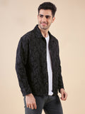 Men Solid Textured Jacquard Weave Oversized Cotton Shacket