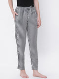 Women's Striped, Black, Viscose, Regular Fit, Elasticated, Waistband, Pyjama With Side Pockets