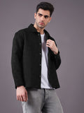 Men Solid Textured Jacquard Weave Oversized Cotton Shacket