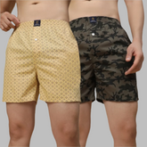 Men's Multicolor, 100% Cotton, printed, Regular Fit, Inner Elastic, Mid-Rise, Boxers- Pack of 2