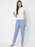 Women's Floral Print, Blue, Viscose, Regular Fit, Elasticated, Waistband, Pyjama With Side Pockets