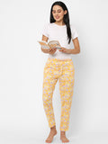 Women's Floral Print, Yellow, Cotton, Regular Fit, Elasticated, Waistband, Pyjama With Side Pockets