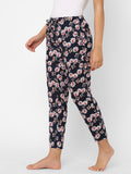 Women's Floral Print, Navy, Cotton, Regular Fit, Elasticated, Waistband, Pyjama With Side Pockets