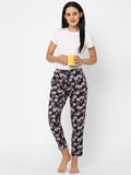 Women's Floral Print, Navy, Cotton, Regular Fit, Elasticated, Waistband, Pyjama With Side Pockets