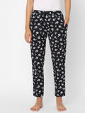 Women's Floral Print, Black, Cotton, Regular Fit, Elasticated, Waistband, Pyjama With Side Pockets