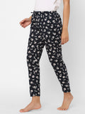 Women's Floral Print, Black, Cotton, Regular Fit, Elasticated, Waistband, Pyjama With Side Pockets