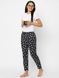 Women's Floral Print, Black, Cotton, Regular Fit, Elasticated, Waistband, Pyjama With Side Pockets