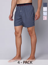 Men's Multicolor, 100% Cotton, printed, Regular Fit, Inner Elastic, Mid-Rise, Boxers- Pack of 4