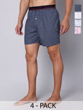 Men's Multicolor, 100% Cotton, printed, Regular Fit, Inner Elastic, Mid-Rise, Boxers- Pack of 4