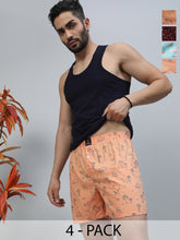 Men's Multicolor, 100% Cotton, printed, Regular Fit, Inner Elastic, Mid-Rise, Boxers- Pack of 4