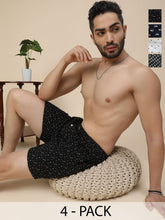 Men's Multicolor, 100% Cotton, printed, Regular Fit, Inner Elastic, Mid-Rise, Boxers- Pack of 4