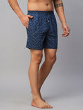 Men's Blue, 100% Cotton, Printed, Regular Fit, Inner Elastic, Mid-Rise, Boxers