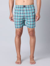 Men's Aqua Blue, 100% Cotton, Checks, Regular Fit, Inner Elastic, Mid-Rise, Boxers