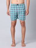 Men's Aqua Blue, 100% Cotton, Checks, Regular Fit, Inner Elastic, Mid-Rise, Boxers