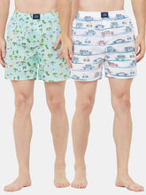 Men's Multicolor, 100% Cotton, Printed, Regular Fit, Inner Elastic, Mid-Rise, Boxers - Pack of 2