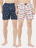 Men's Multicolor, 100% Cotton, Print, Regular Fit, Inner Elastic, Mid Rise, Boxers - Pack of 2