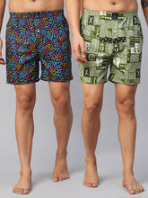 Men's Multicolor, 100% Cotton, Printed, Regular Fit, Inner Elastic, Mid-Rise, Boxers- Pack of 2