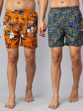 Men's Multicolor, 100% Cotton, Printed, Regular Fit, Inner Elastic, Mid-Rise, Boxers- Pack of 2