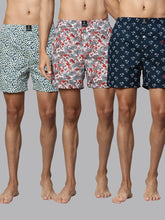 Men's Multicolor, 100% Cotton, Printed, Regular Fit, Inner Elastic, Mid-Rise, Boxers- Pack of 3