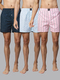 Men's Multicolor, 100% Cotton, Printed, Regular Fit, Inner Elastic, Mid-Rise, Boxers- Pack of 3