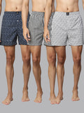 Men's Multicolor, 100% Cotton, Printed, Regular Fit, Inner Elastic, Mid-Rise, Boxers- Pack of 3