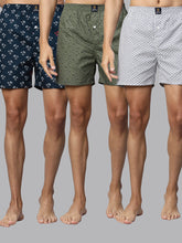 Men's Multicolor, 100% Cotton, Printed, Regular Fit, Inner Elastic, Mid-Rise, Boxers- Pack of 3