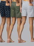 Men's Multicolor, 100% Cotton, Printed, Regular Fit, Inner Elastic, Mid-Rise, Boxers- Pack of 3