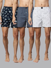 Men's Multicolor, 100% Cotton, Printed, Regular Fit, Inner Elastic, Mid-Rise, Boxers- Pack of 3