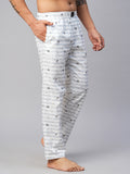 Men's Printed, White, Cotton, Regular Fit, Elasticated, Waistband, Pyjama With Side Pockets