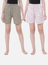 Women's Multicolor, 100% Cotton, Printed, Regular Fit, Inner Elastic, Mid-Rise, Lounge Shorts - Pack Of 2
