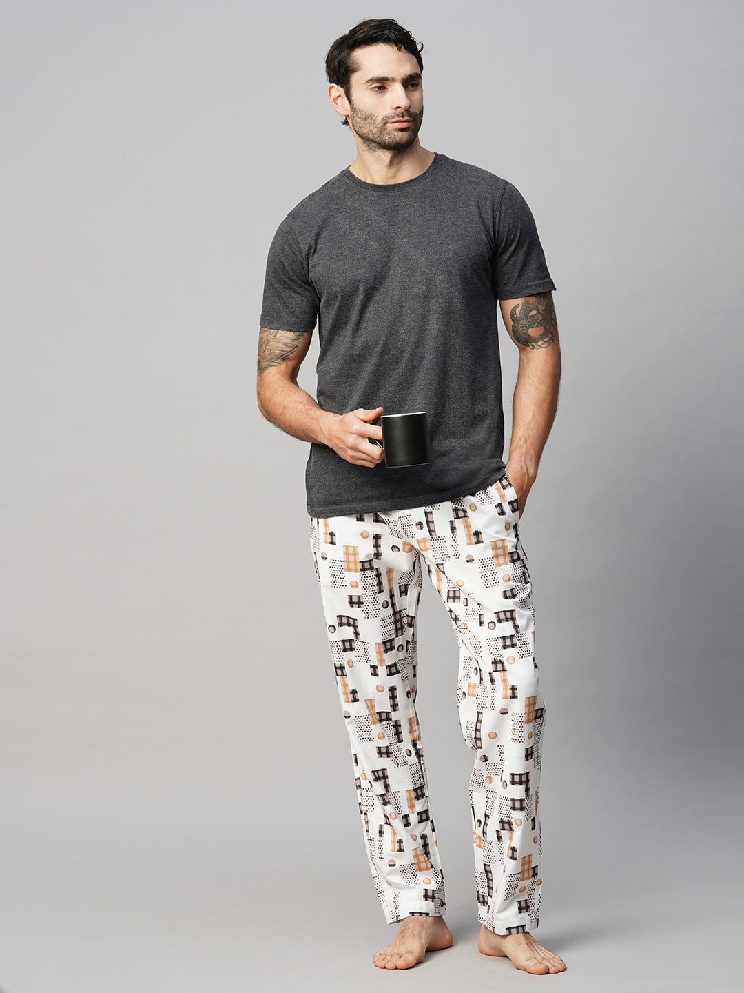 Men's Printed, White, Cotton, Regular Fit, Elasticated, Waistband, Pyjama  With Side Pockets