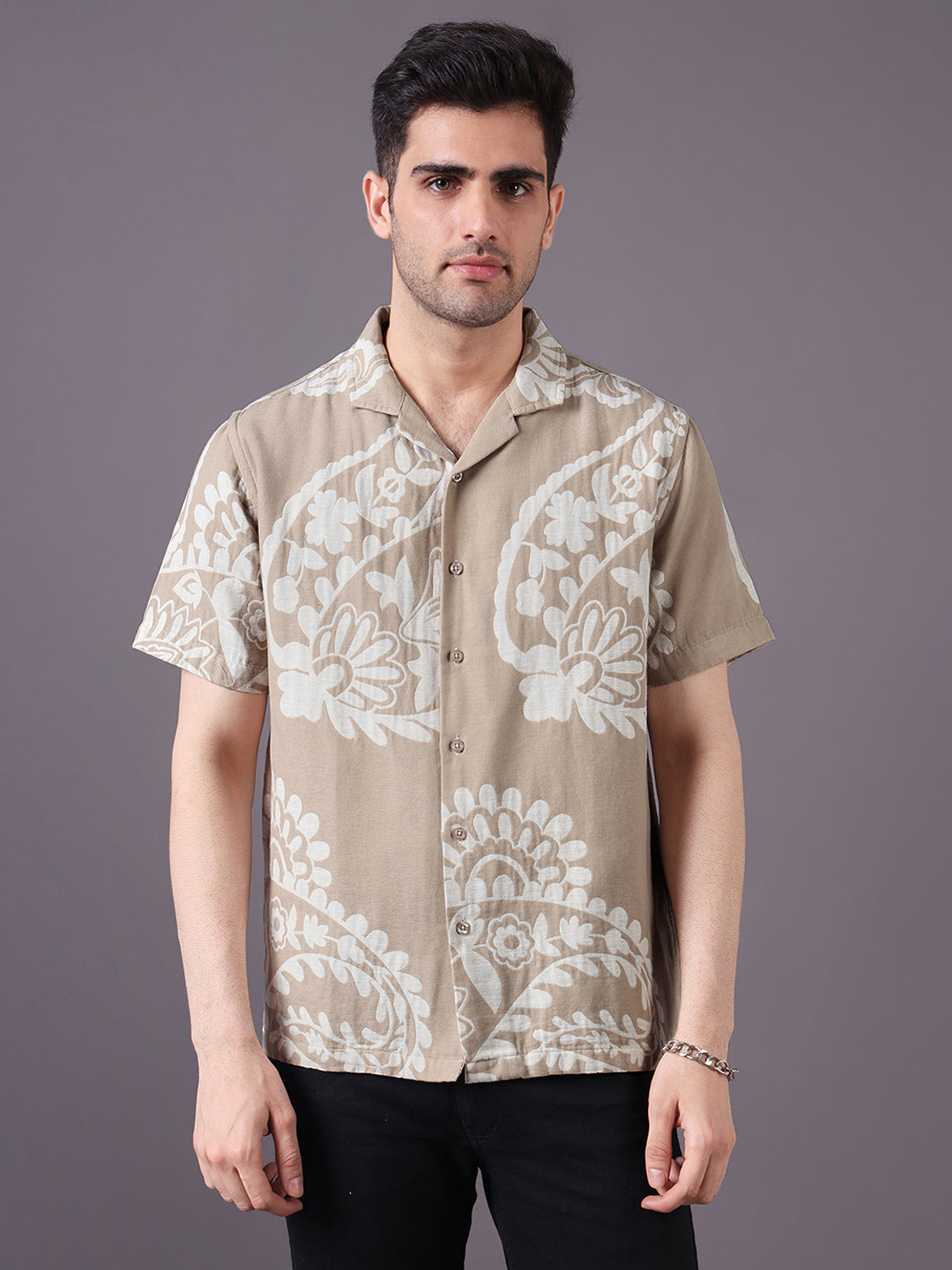 Men Cotton Linen Jacquard-Weave Relaxed Fit Resort Shirt